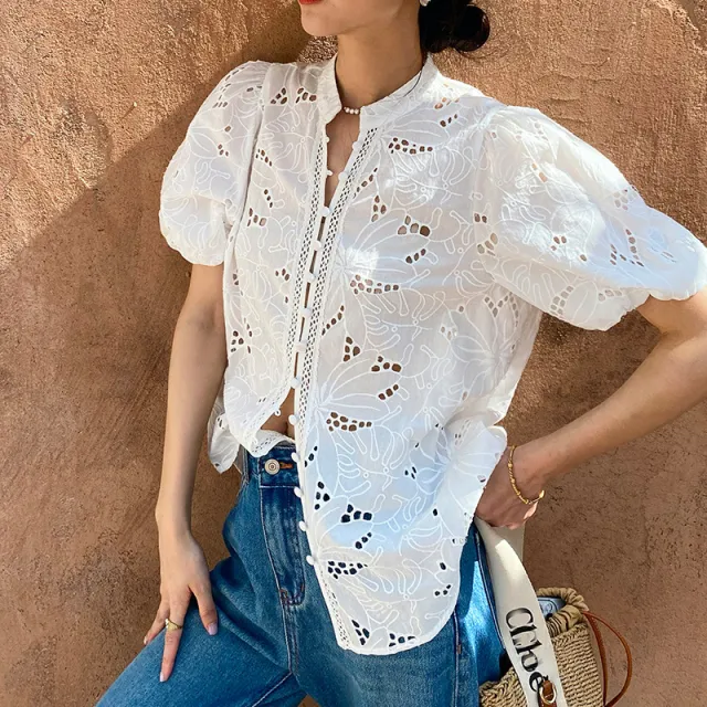 Women's Short sleeved Cotton Embroidered Shirt Beige - Shop at LoveMi