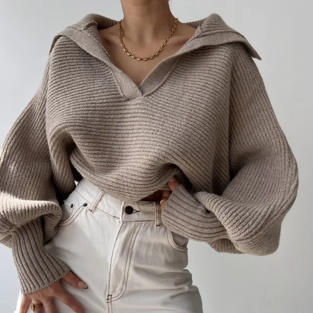 Lapel Pullover Knitting Women's Top Khaki - Shop at LoveMi