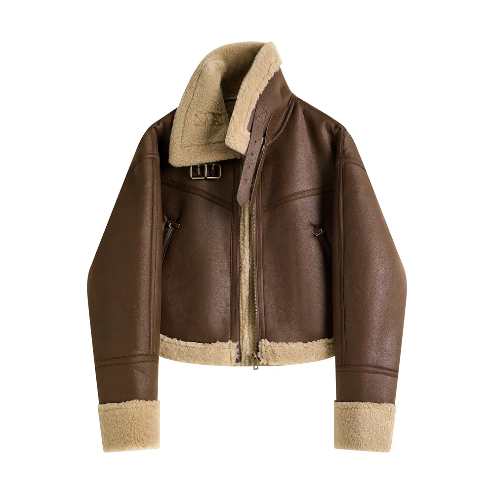 Stand Collar Fur Integrated Lamb Fur Short Coat - Coffee