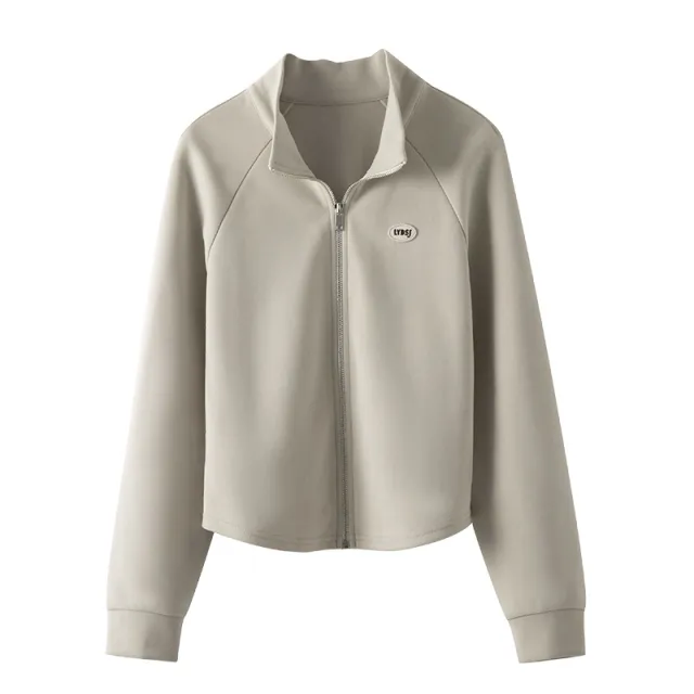 Women's Sports Raglan Sweater Short Embroidery Zipper Cardigan Outerwear Apricot - Shop at LoveMi