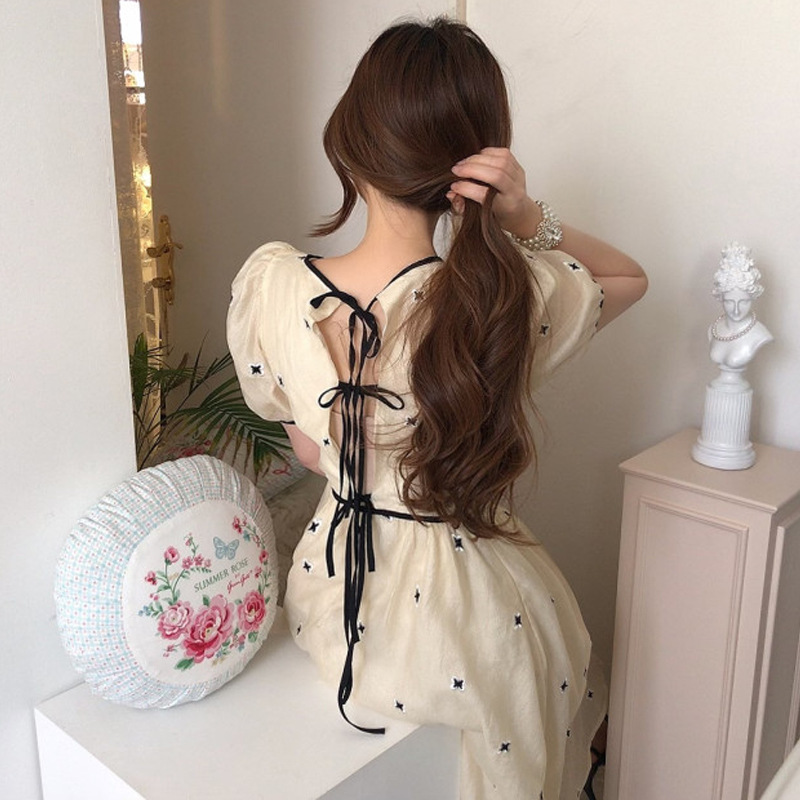 Back Lace-up Waist-controlled Large Swing Dress Knee-length Short-sleeved Dress