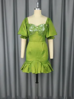 Sequin Stitching Ruffled Banquet Sheath Evening Dress - Mustard Green - View 1