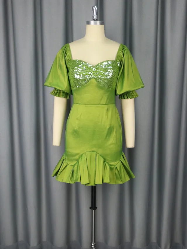 Sequin Stitching Ruffled Banquet Sheath Evening Dress Mustard Green - Shop at LoveMi
