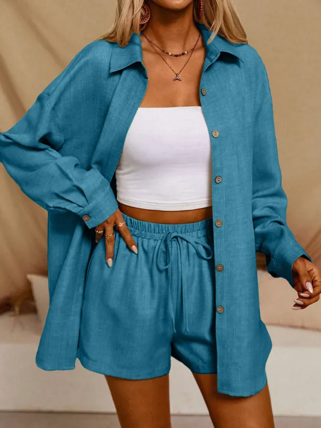 Tatting Cardigan With Shorts Fashion Casual Women's Suit Blue - Shop at LoveMi