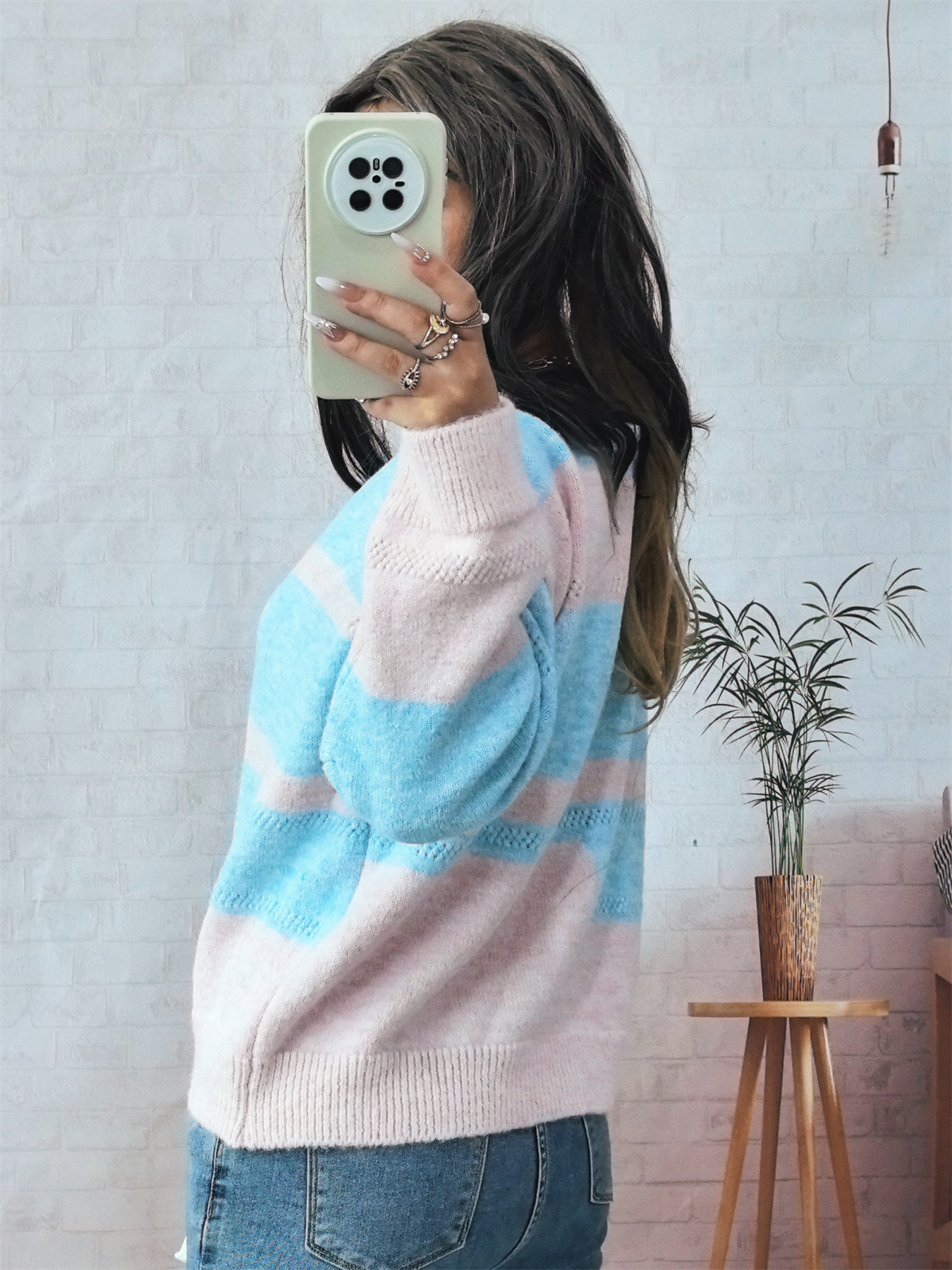 Simple Commute Irregular Contrast Color Round Neck Long Sleeve Sweater