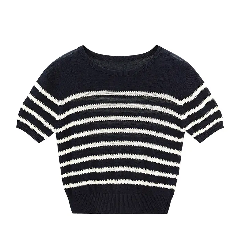 Navy Blue Striped Top Women's Summer Round Neck Sweater