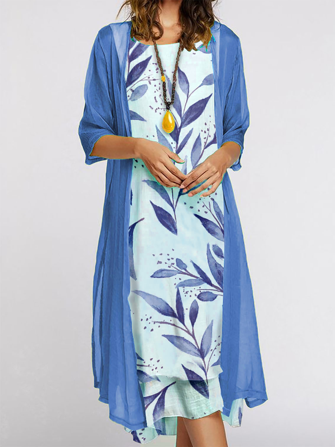 Women's Dress Two piece Set Flowers And Plants Printed Round Neck Dress And Coat Bamboo Leaf Blue - Shop at LoveMi