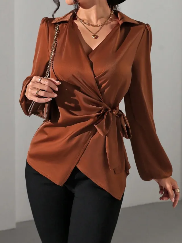 Women's Solid color Designer style Long sleeve Satin Shirt Brown - Shop at LoveMi