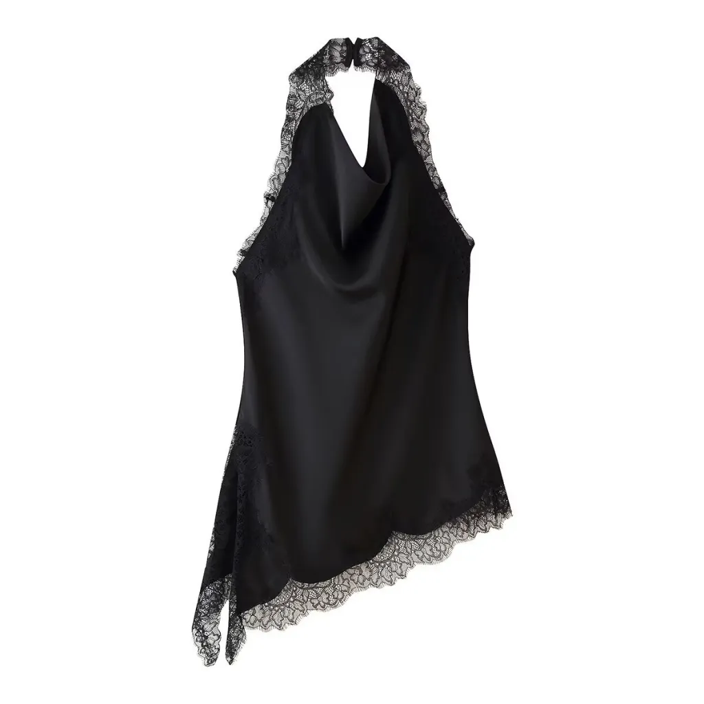 New Collar Lace Top Silk Satin Texture Skirt - Top