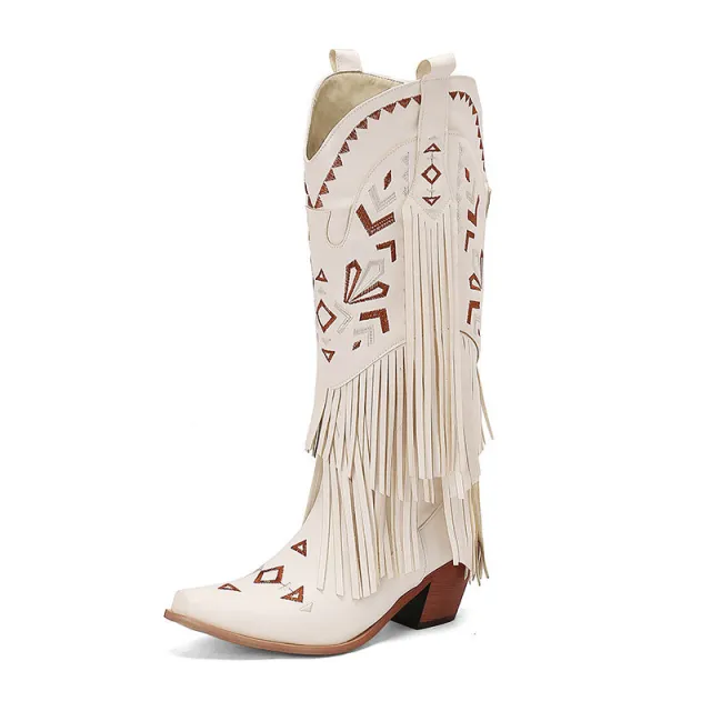 High Heel Tassel Decoration Below The Knee Western Cowboy Boot White - Shop at LoveMi