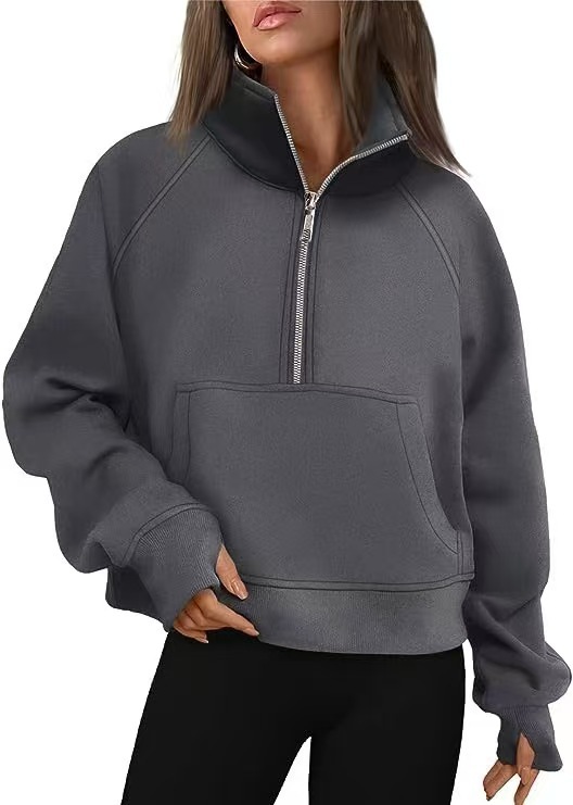 Fleece Loose Half Zipped Stand Collar Long Sleeve Sweater — product photo 4