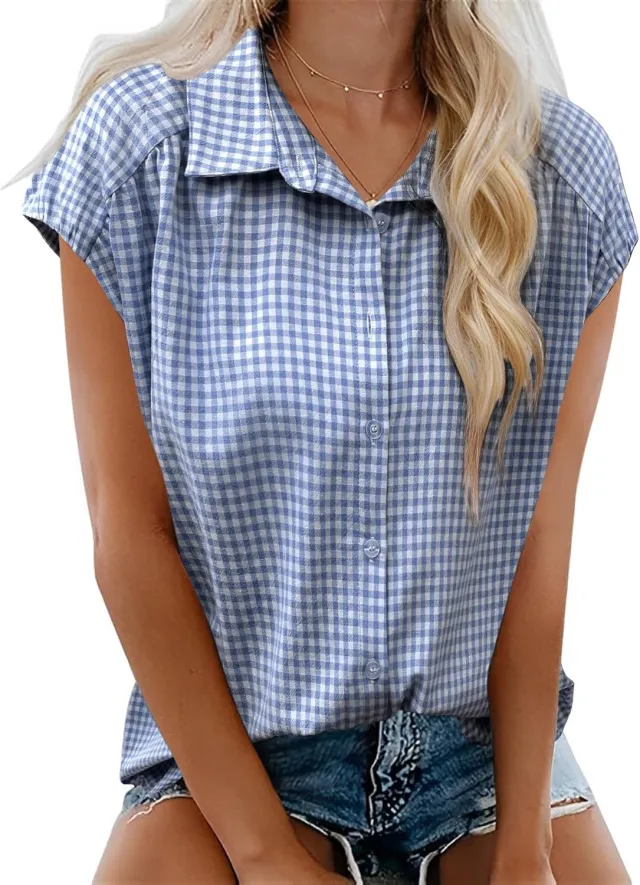 New Button down Short sleeve Casual Plaid Shirt Blue - Shop at LoveMi