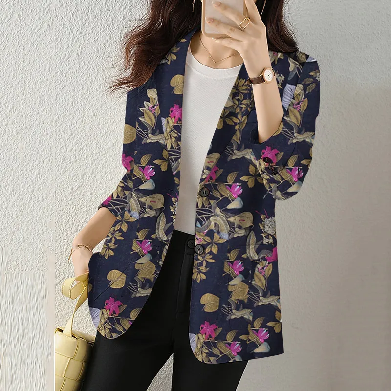 Women's Button Printed Long-sleeved Pocket Vintage Cotton And Linen Blazer - Dark Blue