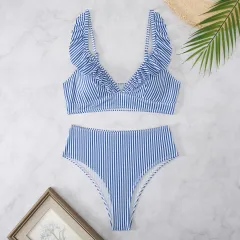 Fresh And Retro Striped Split Small Chest Bikini Vacation Swimwear - Blue - View 1