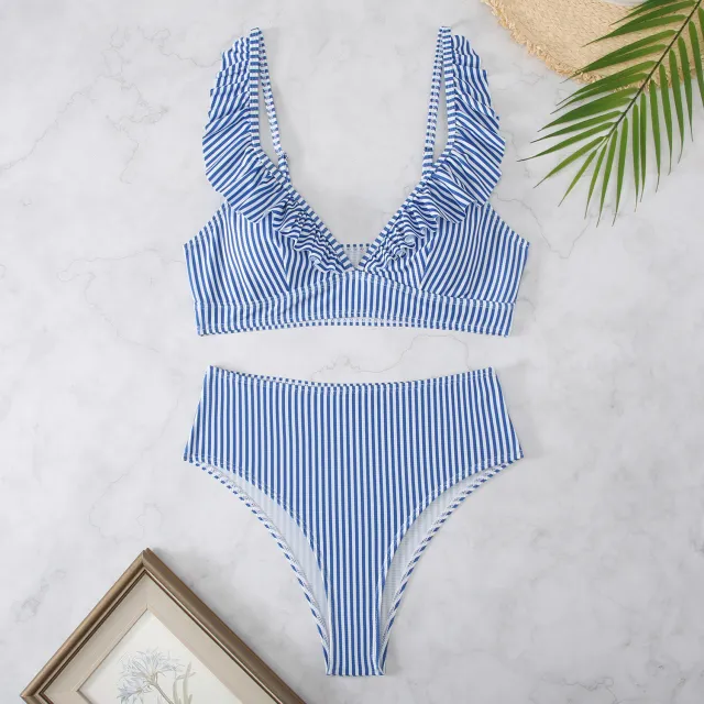 Fresh And Retro Striped Split Small Chest Bikini Vacation Swimwear Blue - Shop at LoveMi