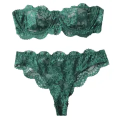 Women's Lace Flowers Print Underwear Suit - Green - View 1