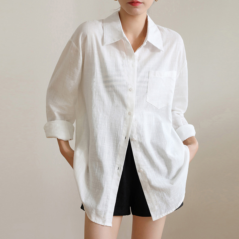 Sunscreen Cardigan Summer Thin Loose French-style Cotton-Linen White Shirt