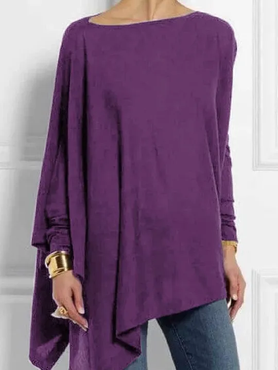 Women's Long Sleeve Irregular Solid Color Pullover T Shirt Tops Purple - Shop at LoveMi