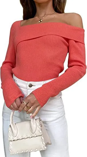 European And American Autumn Leisure Long sleeved Slim Off shoulder Knitted Sweater Pullover Top Orange - Shop at LoveMi