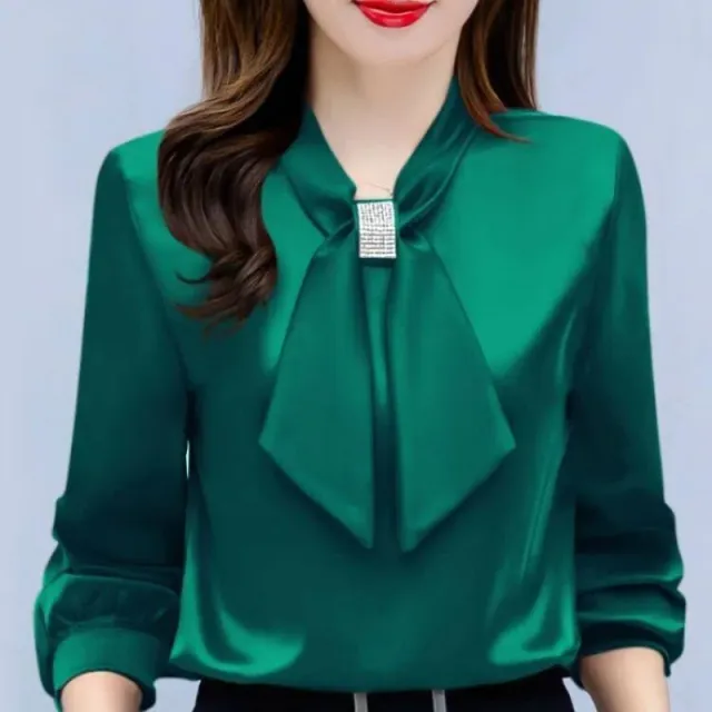 Satin V Neck Business Temperament Shirt Long Sleeve Bow Solid Color Bow Diamond Top Dark Green - Shop at LoveMi