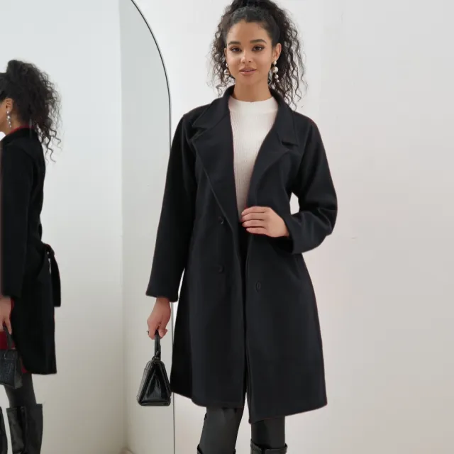 Woolen Long Tie Slim Coat Solid Color Simple Black - Shop at LoveMi