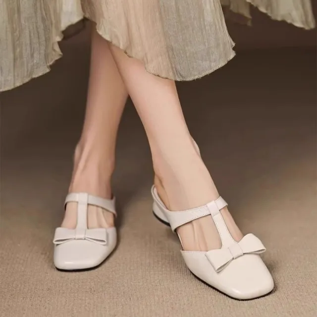 French Style Bow Closed Toe Half Slippers For Women Beige - Shop at LoveMi