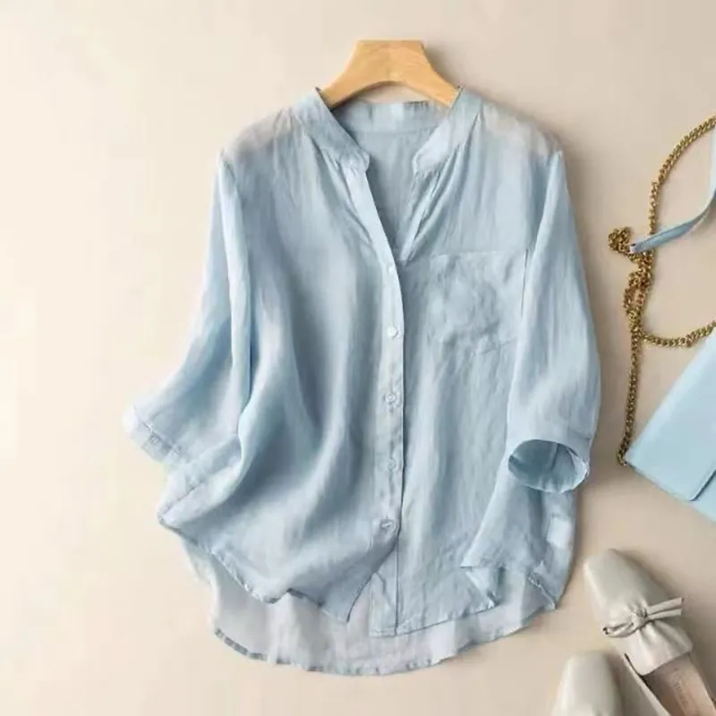 Temperament Leisure Style Artistic Retro Solid Color Summer Thin Cotton And Linen Shirt - Light Blue