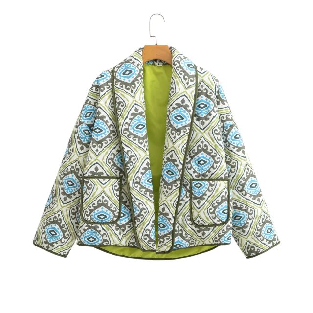 European American Fashion Floral Print Contrast Color Small Stand up Collar Cotton padded Clothes Green - Shop at LoveMi