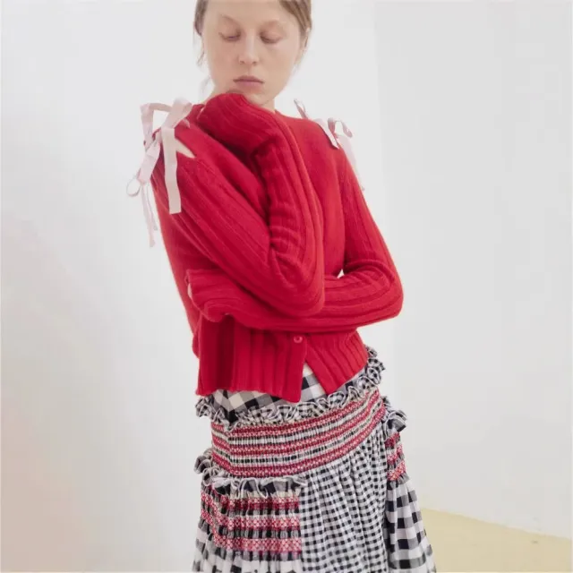 Women's Spring Clothing Round Neck Long Sleeve Tied Twist Knitted Cardigan Red - Shop at LoveMi