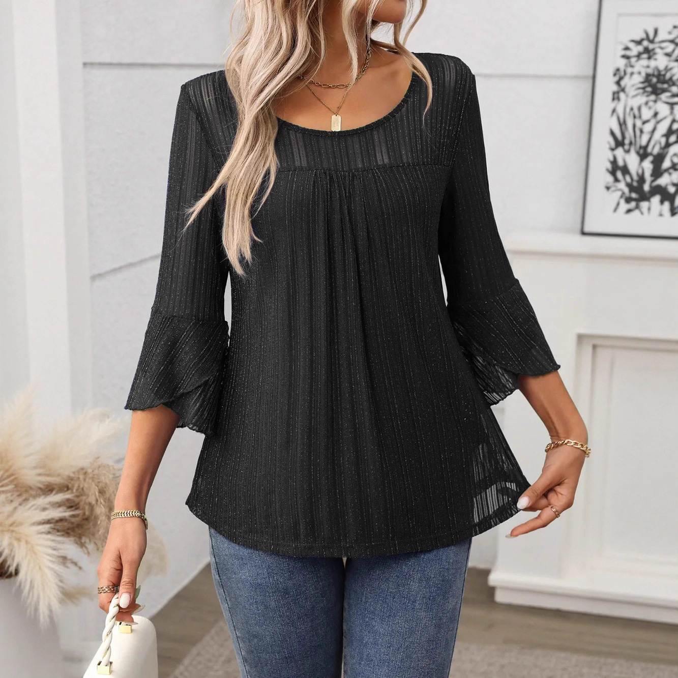 Cross-Border Black Elegant Loose Top With See-Through Long Sleeves And A Round Neck