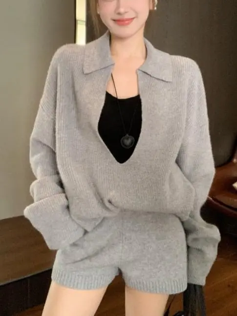 Women's V neck Sweater Suit Loose Sweater Shorts Light Gray - Shop at LoveMi