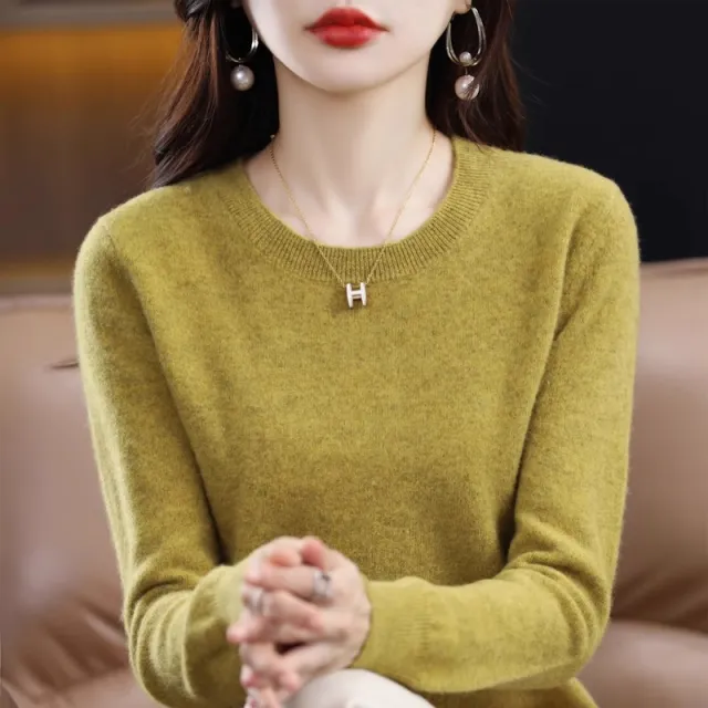 Round Neck Pure Wool Women's Sweater Loose Autumn And Winter Mustard Yellow - Shop at LoveMi