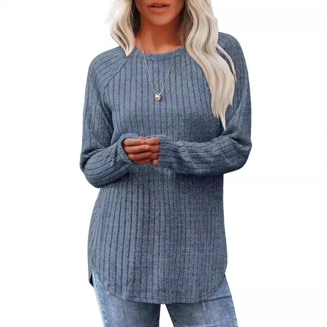 Women&#39;s Loose Round Neck High-Low Curved Hem Tops