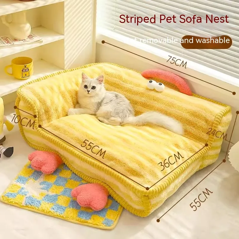 Cat Nest Winter Warm Pet Bed Removable And Washable - Striped Pet Sofa Nest