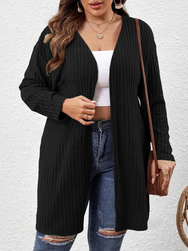 Sunken Stripe Brushed Plus Size Women's Mid length Solid Color And V neck Long sleeved Cardigan Black - Shop at LoveMi