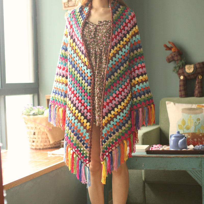 Hand Crocheting Vintage Multicolored Tassel Shawl Scarf Cape