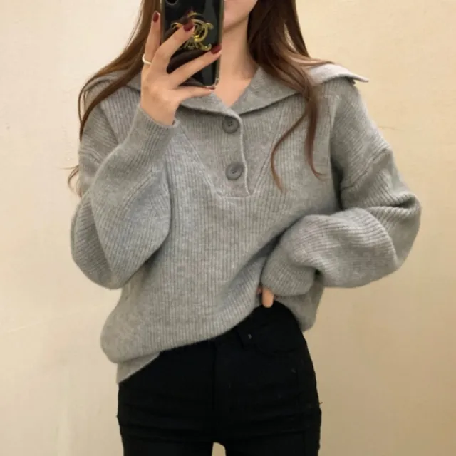 Salt Girl's Large Lapel Button Sweaters Top Gray - Shop at LoveMi