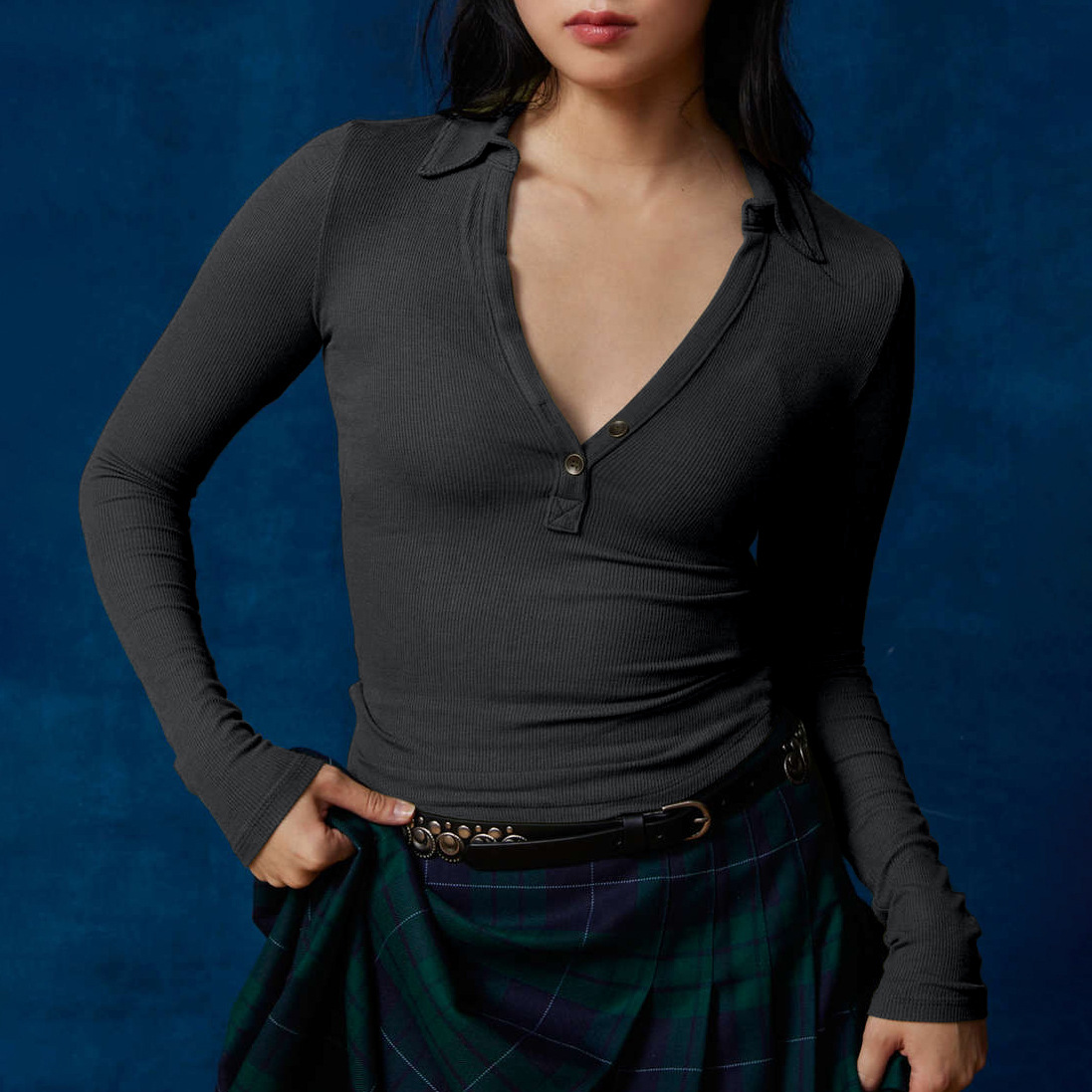 Women's Thread Polo Collar Long Sleeve Slim-fit Top