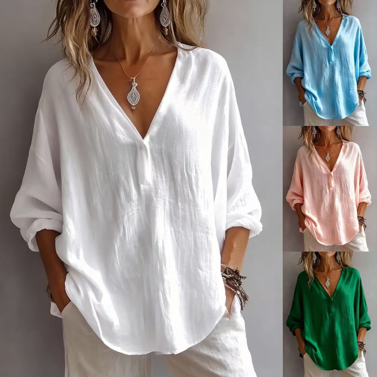 Womens Casual Loose Fashion Solid Color Long-Sleeve Top