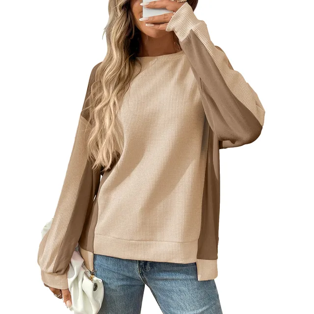 Crew neck Casual Loose fit Contrast color Long sleeve Waffle knit Top Apricot - Shop at LoveMi