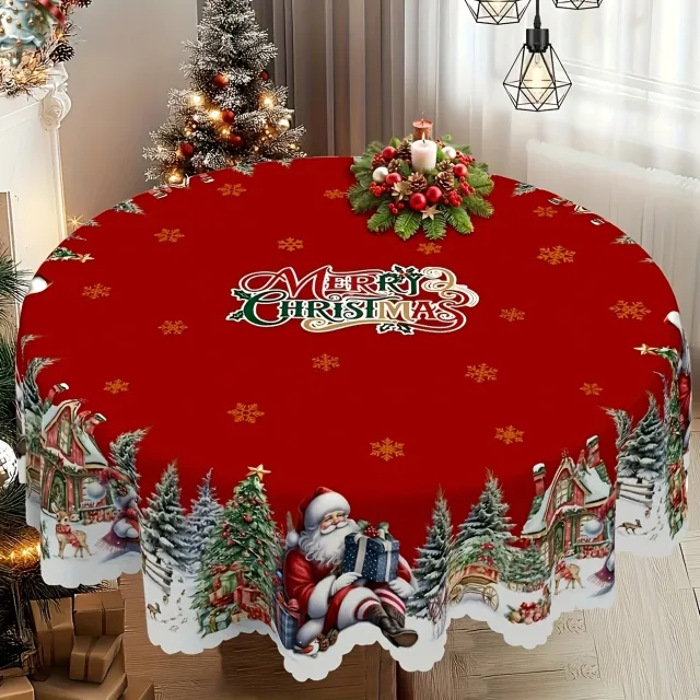 Christmas Snowflake Santa Claus Tablecloth Polyester Washable Round 152Cm - Shop at LoveMi