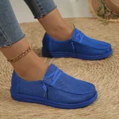 Women's Casual Lace Up Flat Plus Size Slip-on Loafers - Blue - View 1