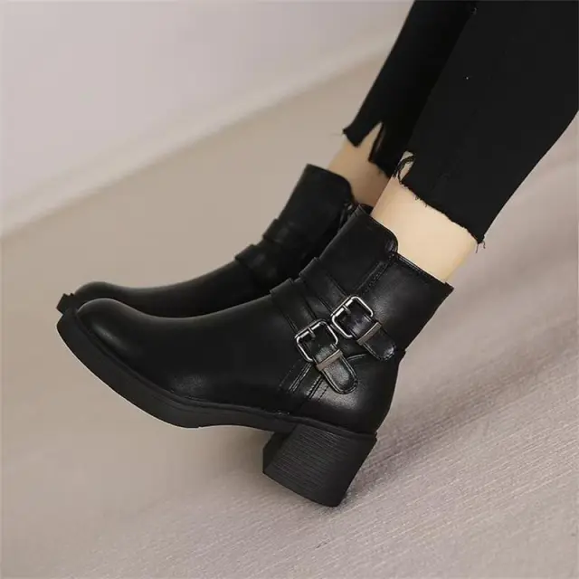 Black Belt Buckle Round Toe Mid Heel Short Boots For Women Black - Shop at LoveMi