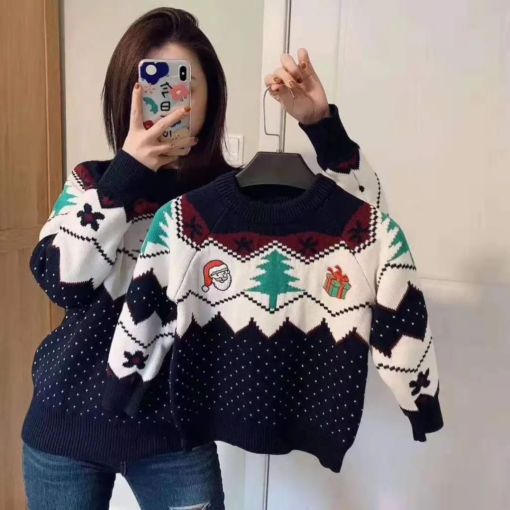 Christmas Sweater Pure Cotton Knitted Embroidery Pattern Parent-child - Blue