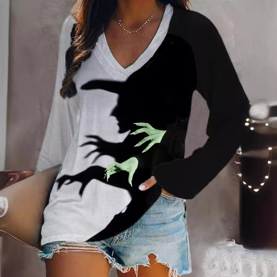Womens Printed V-Neck Long-Sleeve T-Shirt Top