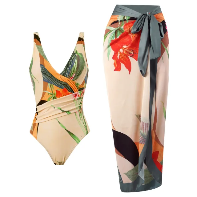 Two piece Cross Print Long Skirt Swimsuit Yellow - Shop at LoveMi