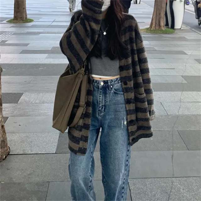 Striped Fashion Knitted Cardigan Jacket Brown - Shop at LoveMi