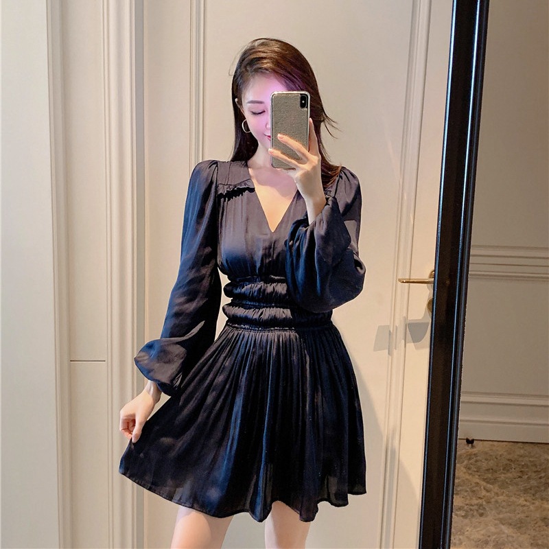 V neck Waist controlled Slimming Pleated Long Sleeve Dress Dark Blue Short - Shop at LoveMi