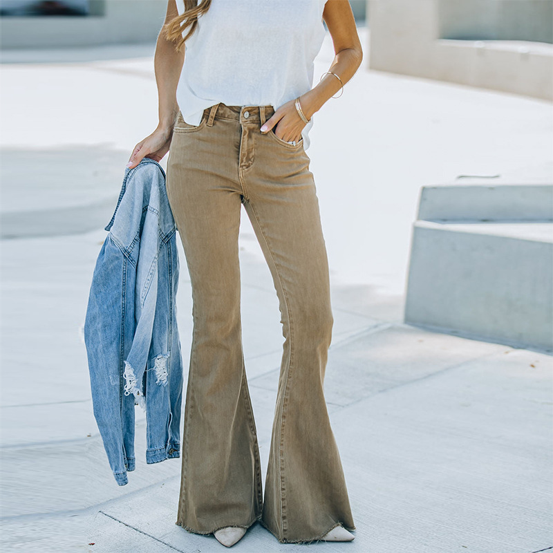 Women's Denim High Waist Mop Retro Flared Pants Camel - Shop at LoveMi