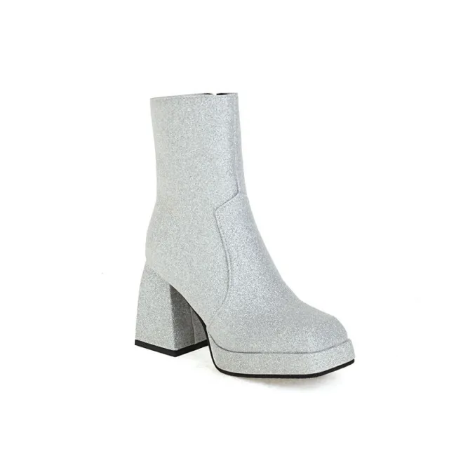 Square Toe Booties Female High Heel Martin Boots Sequin High Heels Ankle Boots Silver - Shop at LoveMi